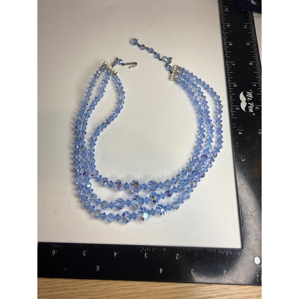 Light Blue Aurora Borealis Crystal Bead 3 Strand Graduated Necklace Rhinestone